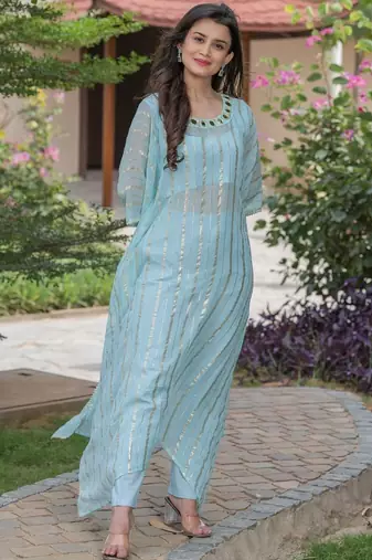 Sky blue hand mirror work kaftan and pant and inner