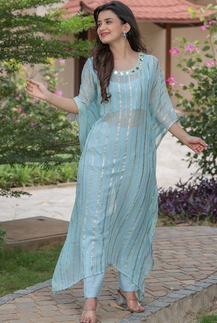 Sky blue hand mirror work kaftan and pant and inner