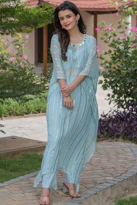 Sky blue hand mirror work kaftan and pant and inner 3