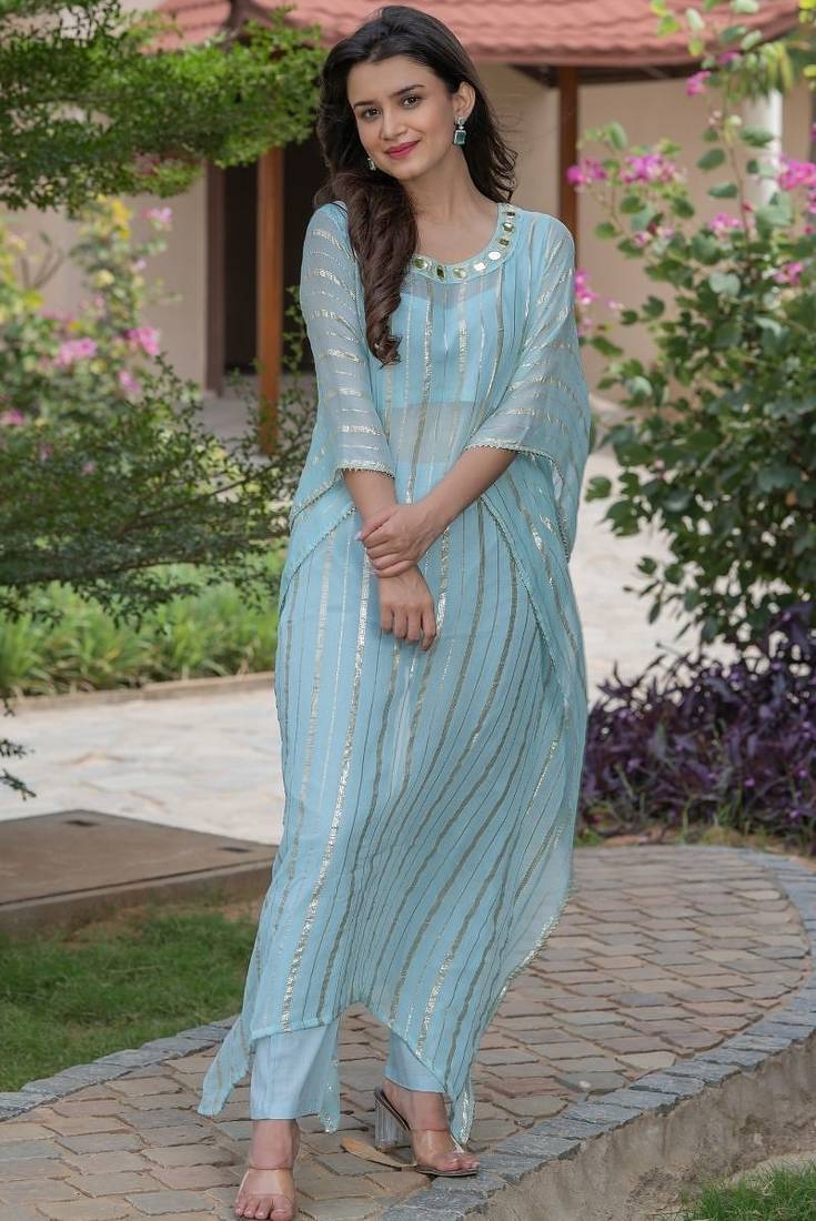 Sky blue hand mirror work kaftan and pant and inner