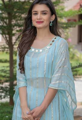 Sky blue hand mirror work kaftan and pant and inner 4