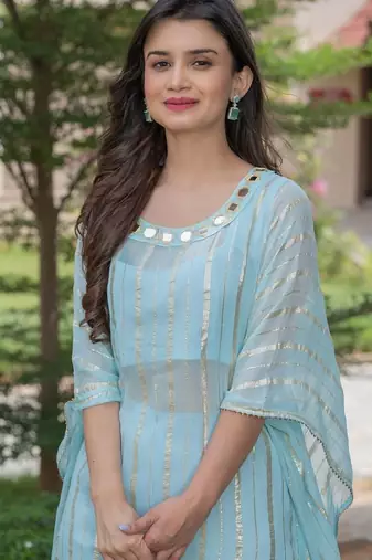 Sky blue hand mirror work kaftan and pant and inner