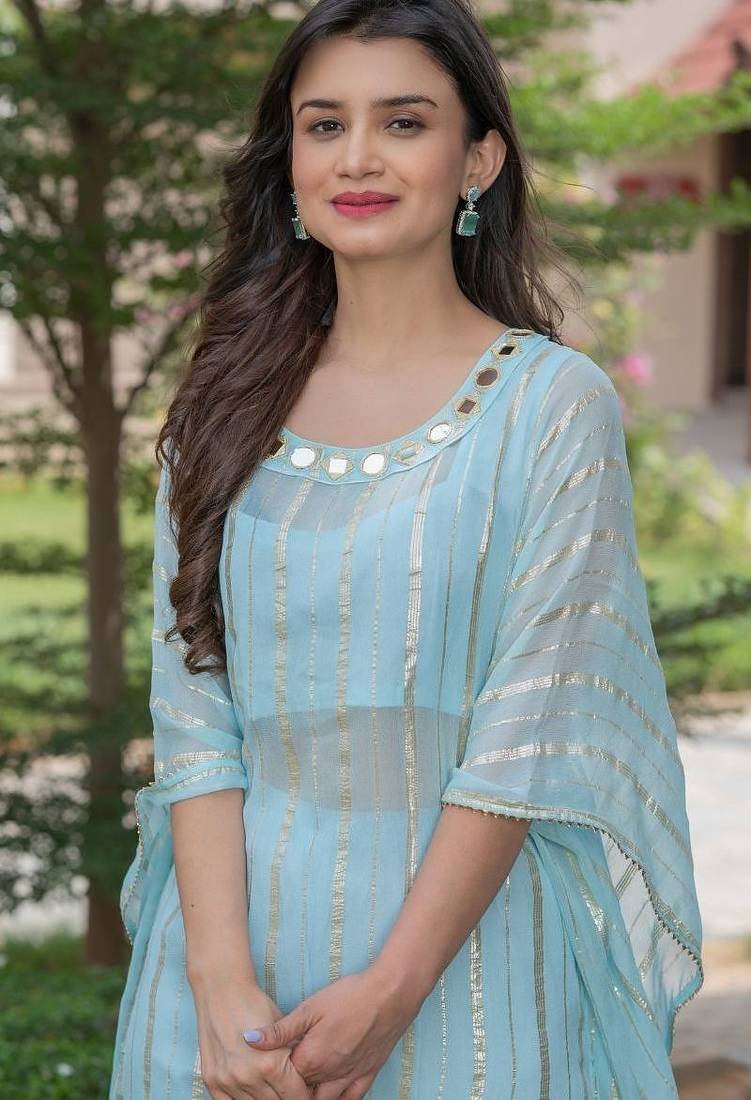 Sky blue hand mirror work kaftan and pant and inner