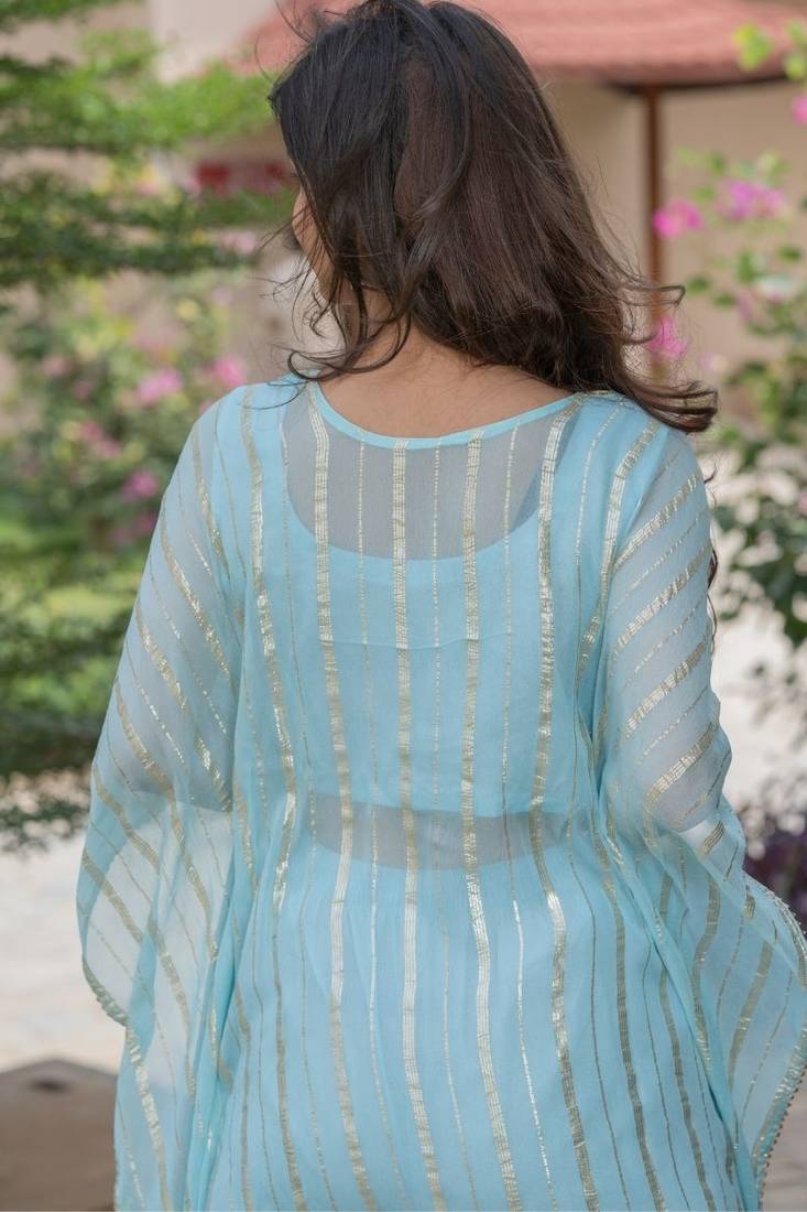 Sky blue hand mirror work kaftan and pant and inner