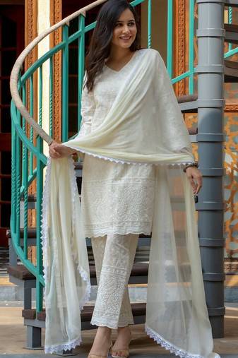 White chikankari emboridered kurta and pant and dupatta