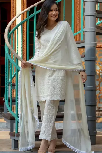 White chikankari emboridered kurta and pant and dupatta