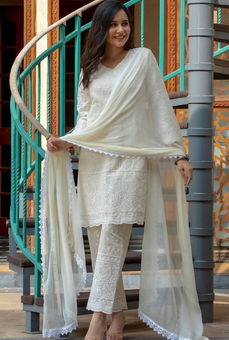 White chikankari emboridered kurta and pant and dupatta