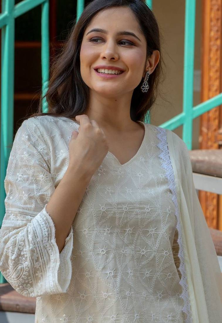 White chikankari emboridered kurta and pant and dupatta