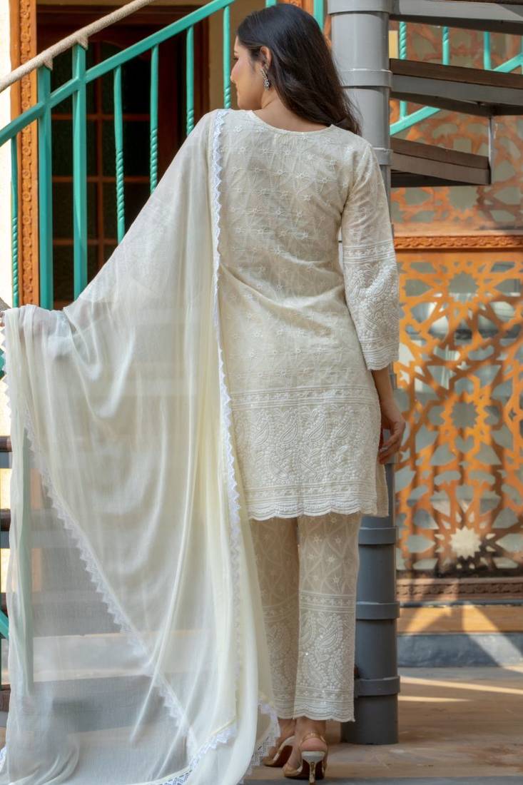 White chikankari emboridered kurta and pant and dupatta