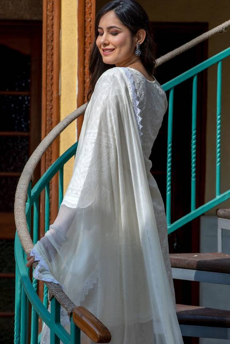 White chikankari emboridered kurta and pant and dupatta