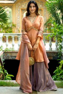 Peach tissue lace wrok kurta and sharara and dupatta set 1