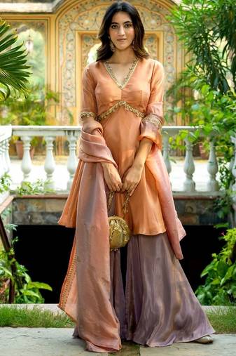 Peach tissue lace wrok kurta and sharara and dupatta set
