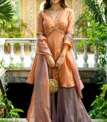 Peach tissue lace wrok kurta and sharara and dupatta set
