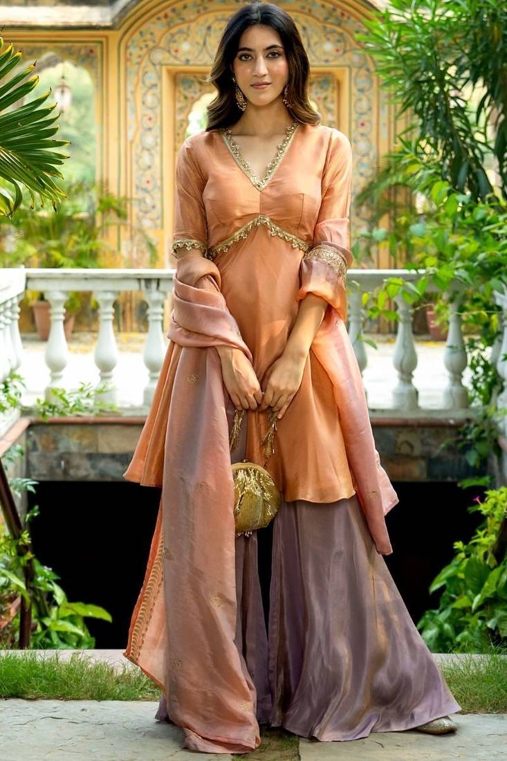 Peach tissue lace wrok kurta and sharara and dupatta set