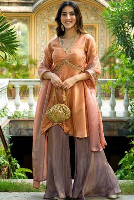 Peach tissue lace wrok kurta and sharara and dupatta set 2