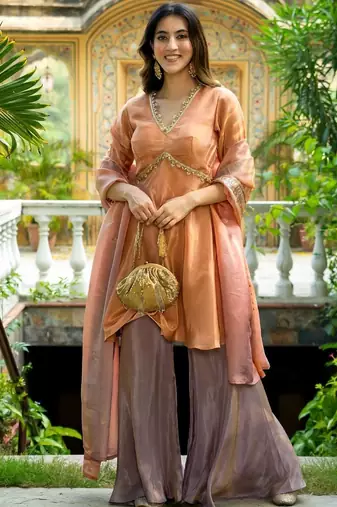 Peach tissue lace wrok kurta and sharara and dupatta set