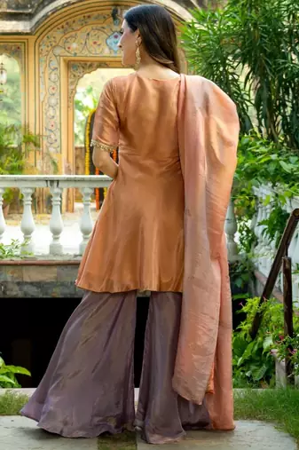 Peach tissue lace wrok kurta and sharara and dupatta set
