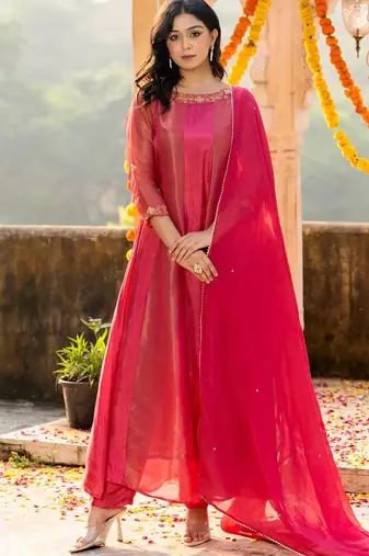 Pink emboridered zari tissue anarkali and pant and dupatta