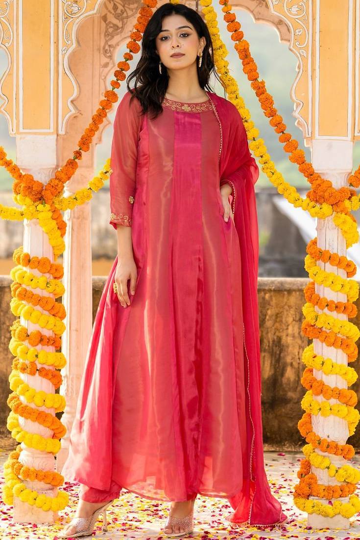 Pink emboridered zari tissue anarkali and pant and dupatta