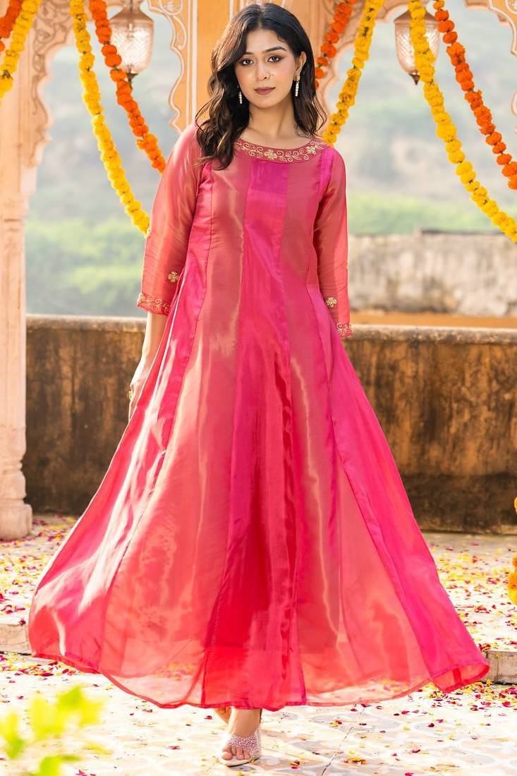 Pink emboridered zari tissue anarkali and pant and dupatta