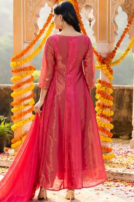 Pink emboridered zari tissue anarkali and pant and dupatta 4