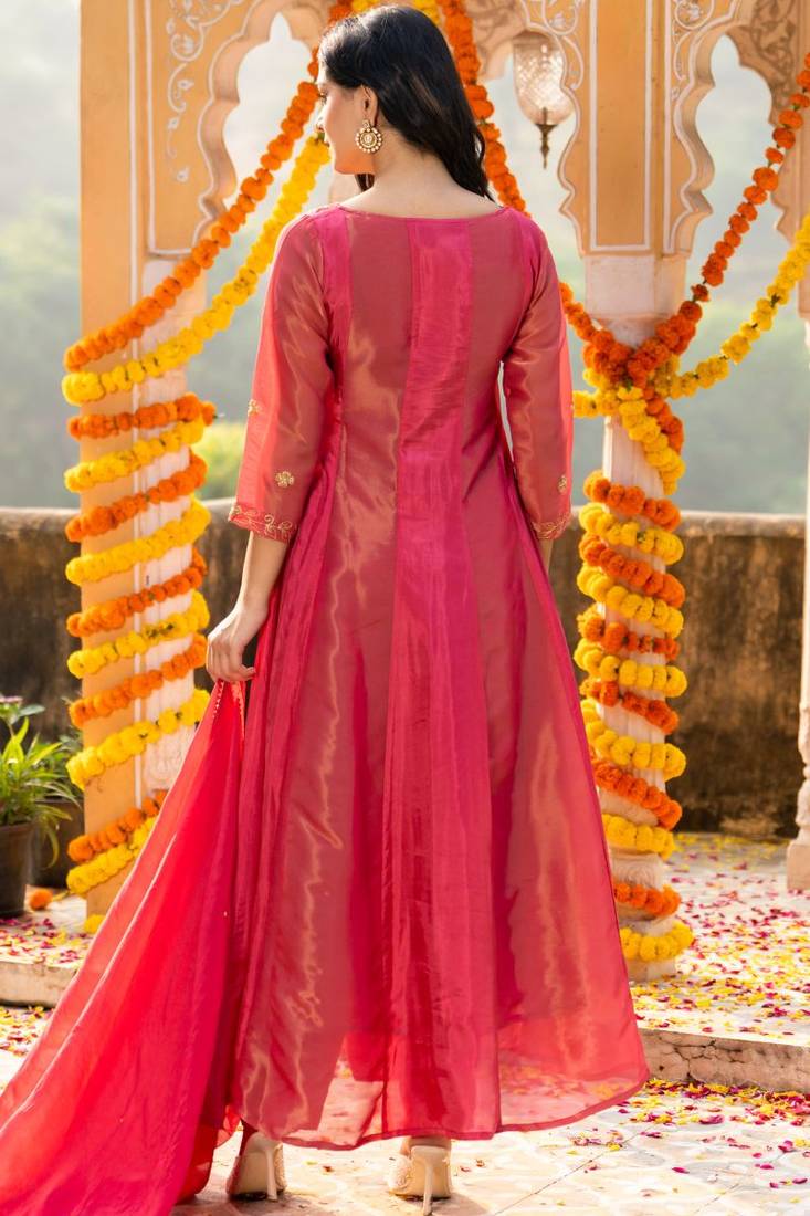 Pink emboridered zari tissue anarkali and pant and dupatta
