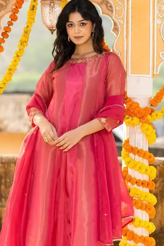 Pink emboridered zari tissue anarkali and pant and dupatta