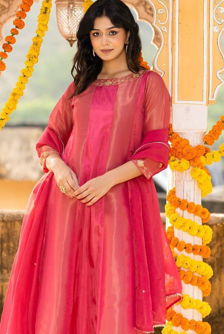 Pink emboridered zari tissue anarkali and pant and dupatta