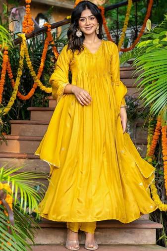 Yellow silk anarkali emboridered suit set
