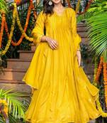 Yellow silk anarkali emboridered suit set
