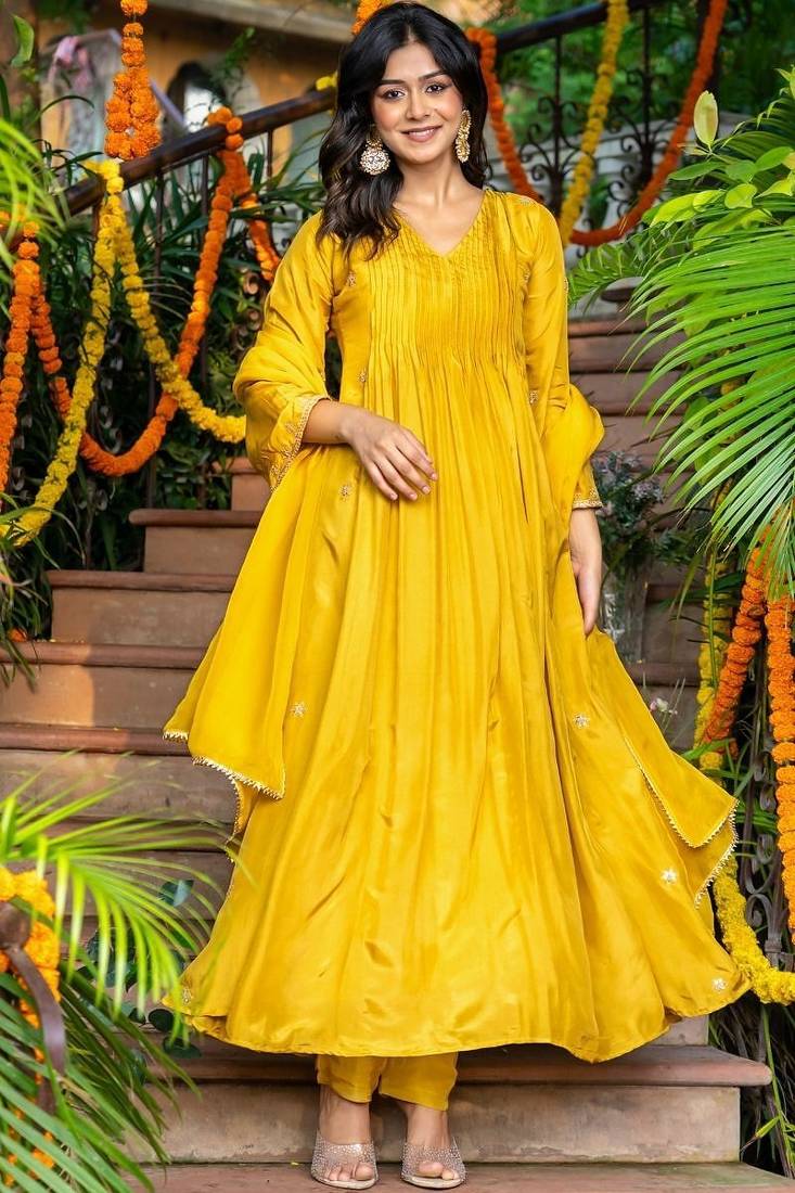 Yellow silk anarkali emboridered suit set