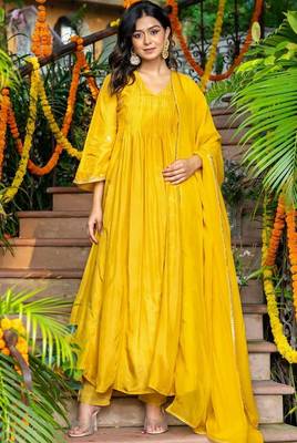 Yellow silk anarkali emboridered suit set 2
