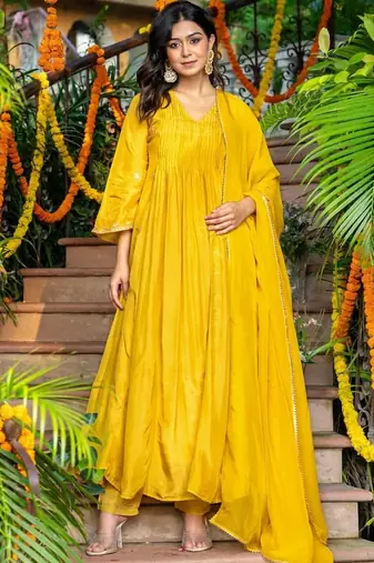 Yellow silk anarkali emboridered suit set