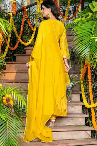 Yellow silk anarkali emboridered suit set
