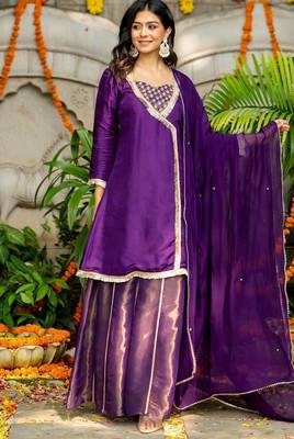 Purple silk lace work kurta and sharara and dupatta set 1