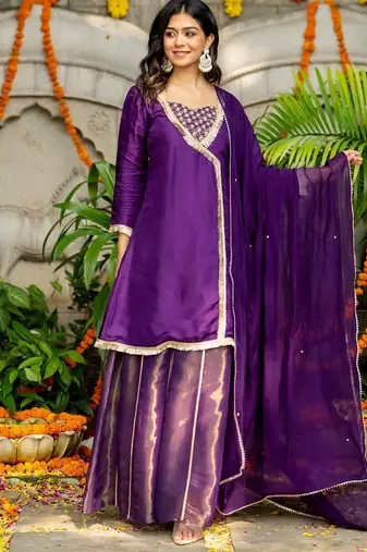 Purple silk lace work kurta and sharara and dupatta set