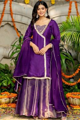 Purple silk lace work kurta and sharara and dupatta set 2