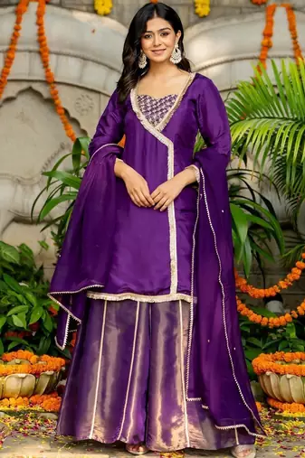 Purple silk lace work kurta and sharara and dupatta set