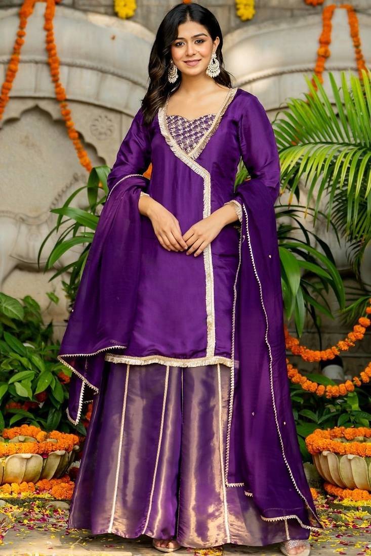 Purple silk lace work kurta and sharara and dupatta set