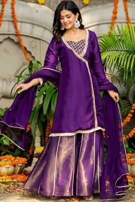 Purple silk lace work kurta and sharara and dupatta set 3