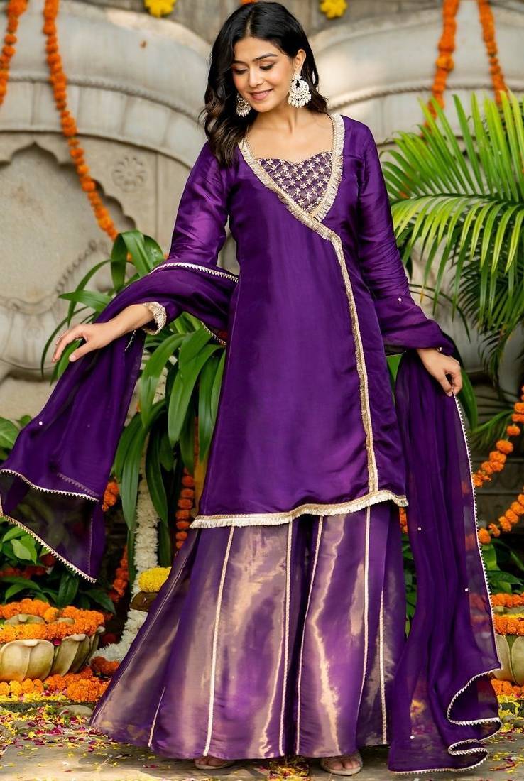 Purple silk lace work kurta and sharara and dupatta set