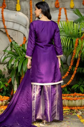 Purple silk lace work kurta and sharara and dupatta set