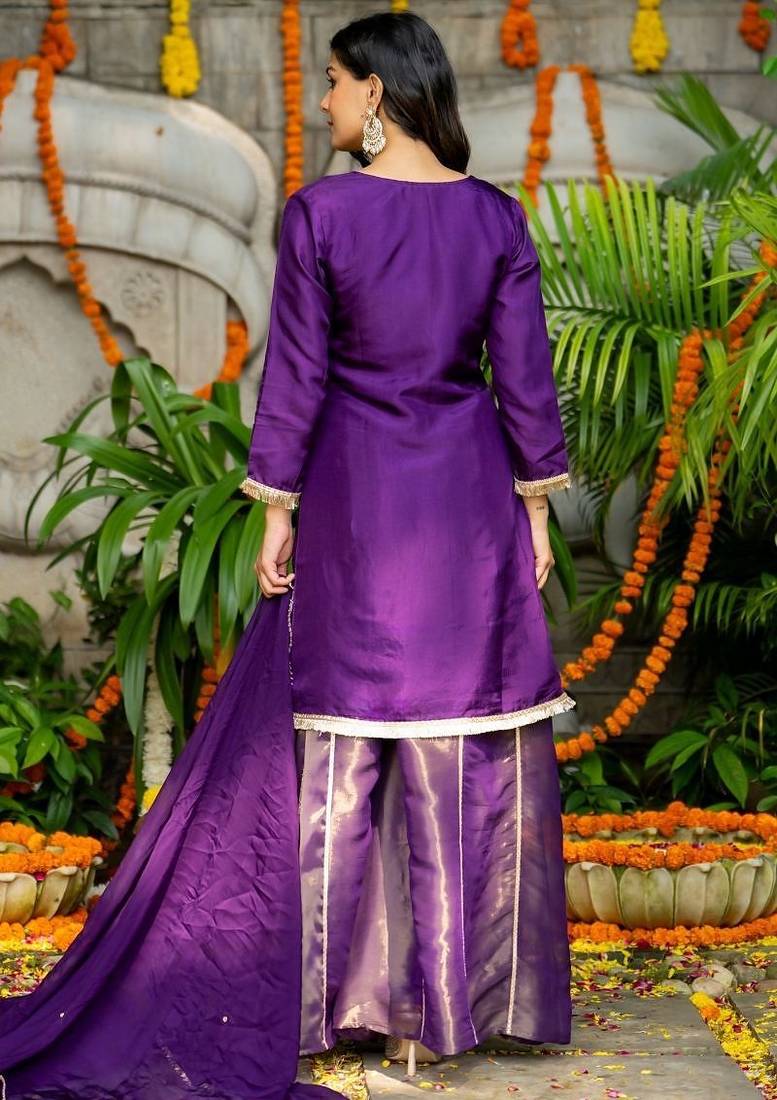 Purple silk lace work kurta and sharara and dupatta set