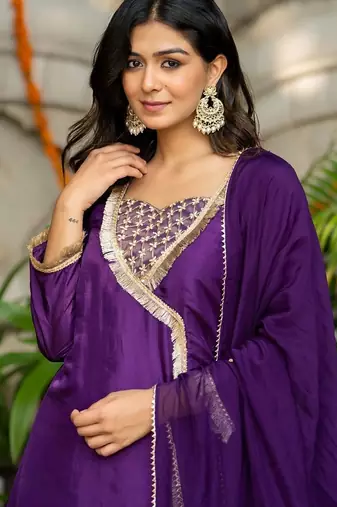 Purple silk lace work kurta and sharara and dupatta set