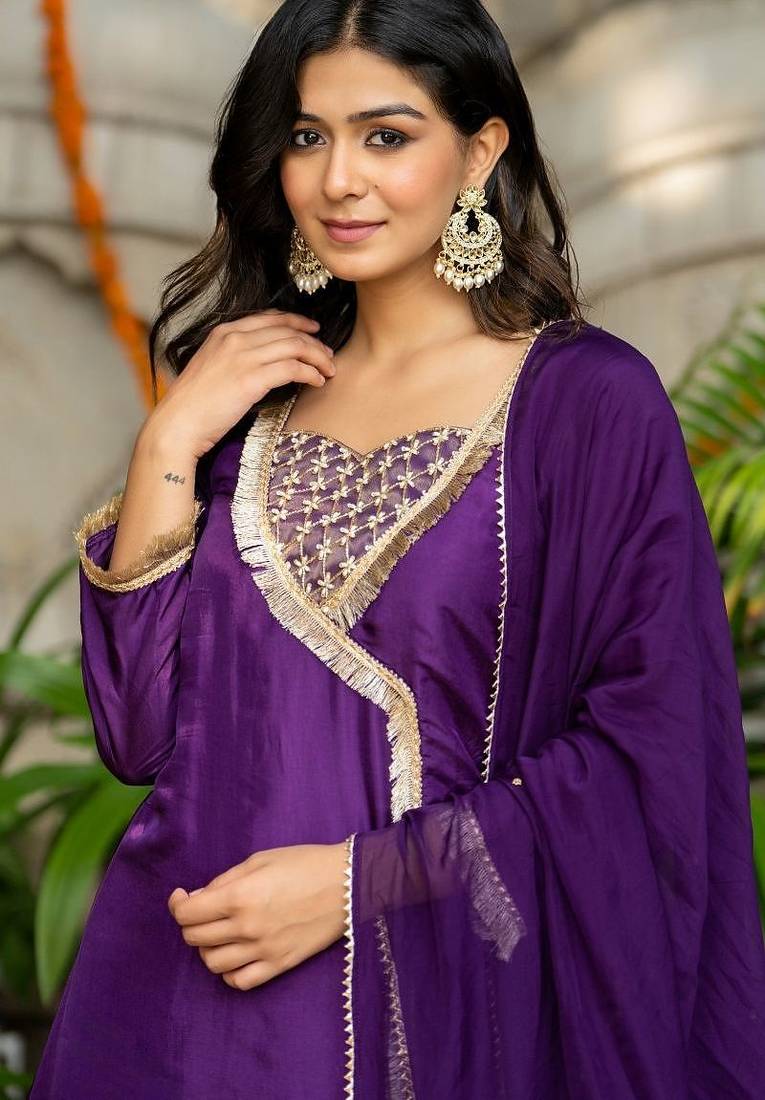 Purple silk lace work kurta and sharara and dupatta set