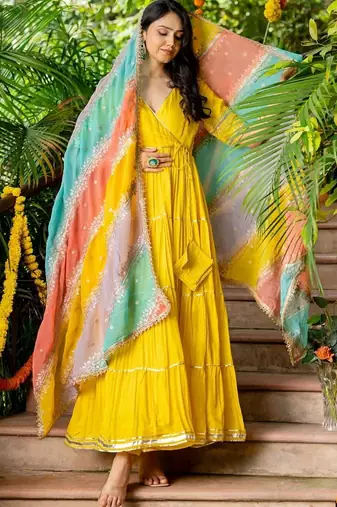 Yellow upada silk lace work kurta set