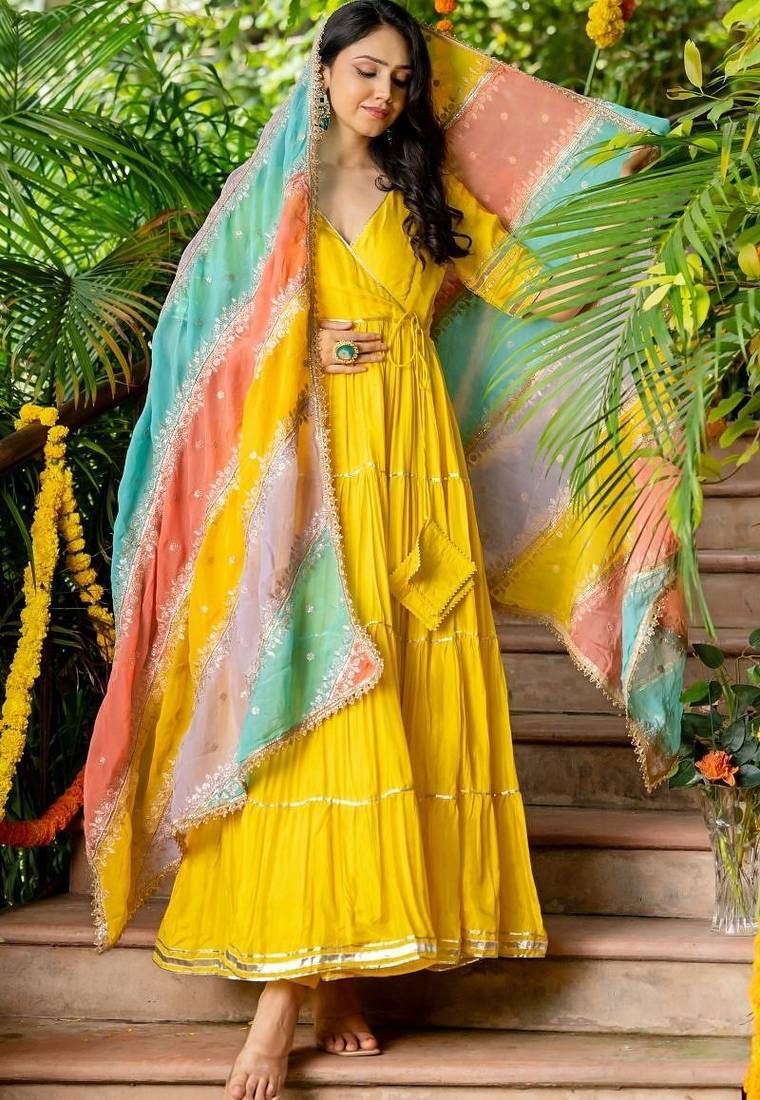 Yellow upada silk lace work kurta set