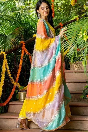 Yellow upada silk lace work kurta set