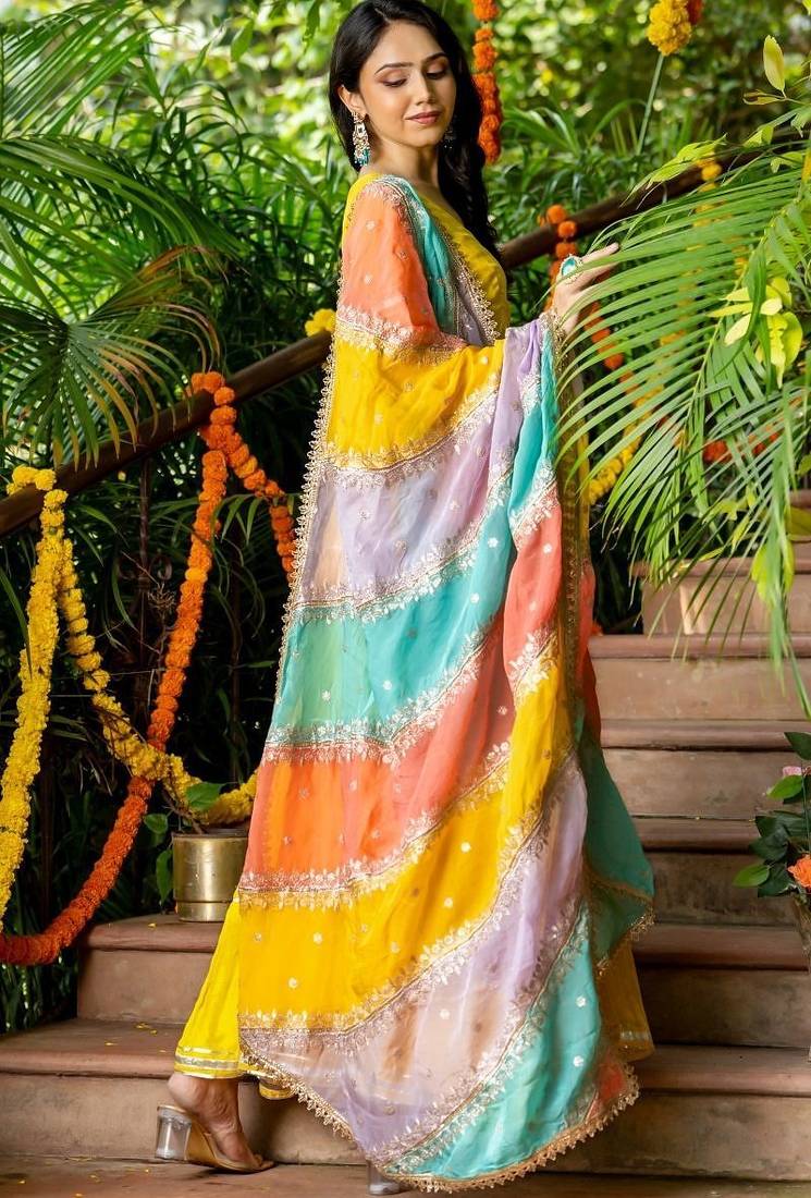 Yellow upada silk lace work kurta set