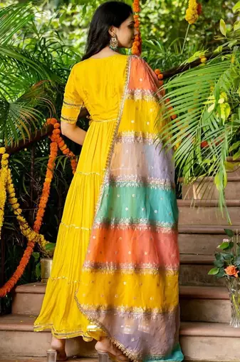Yellow upada silk lace work kurta set
